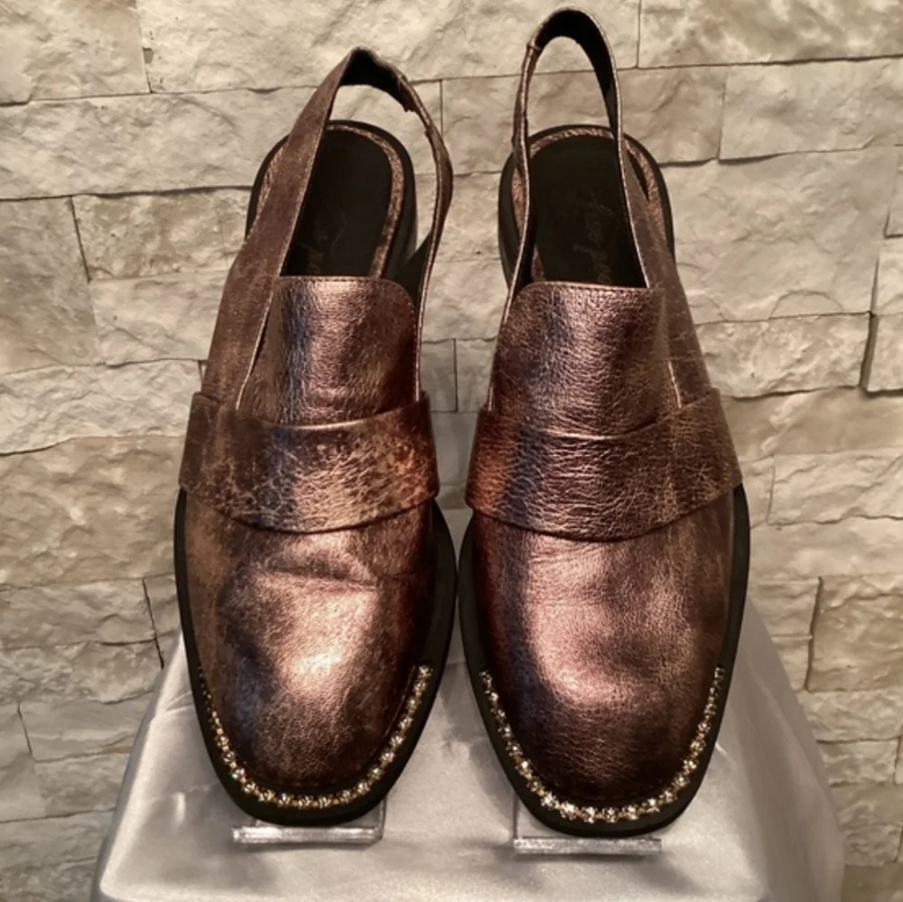 NWOT Free People Abbey Road Metallic Slingback Loafers-Rose Gold